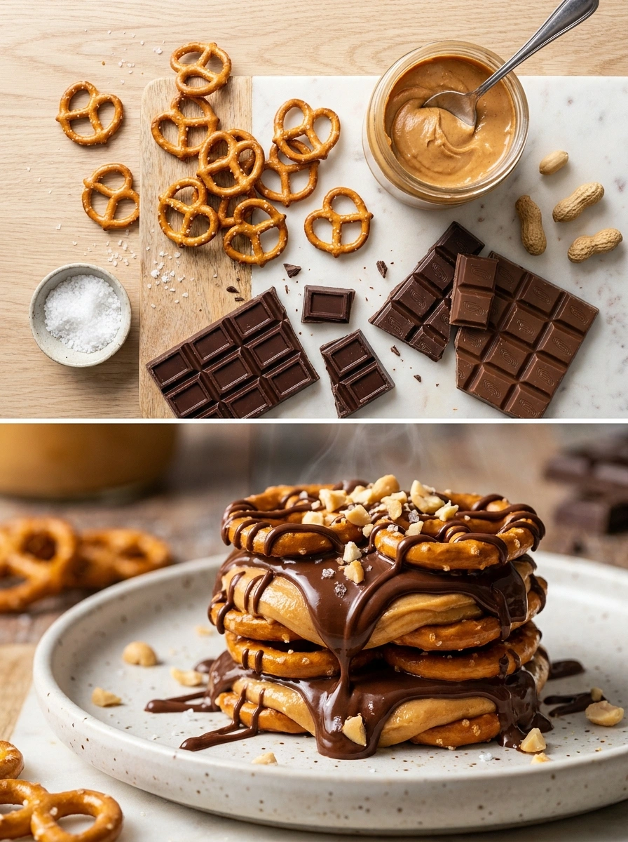 Pretzel Peanut Butter Chocolate Stack - traditionellt USA Desserter & Sötsaker recept, perfekt till vardagsmiddag